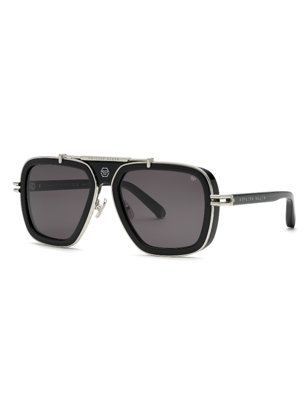 NIB | Philipp Plein | Icon Oversized Pilot Sunglasses - SPP109 Black/Silver - Picture 2 of 8